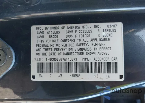 2007 Honda Accord 2.4 Se z USA, uszkodzony, nr VIN 1HGCM56367A140673